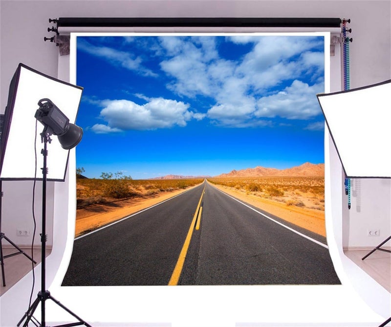 AOFOTO 8x8ft Desert Road Backdrop Historic Route 66 Road Blue Sky White Clouds Western Landscape Background Wild West California Mojave Desert Highway Motorcycle Travel Portrait Photoshoot Props - Image 4